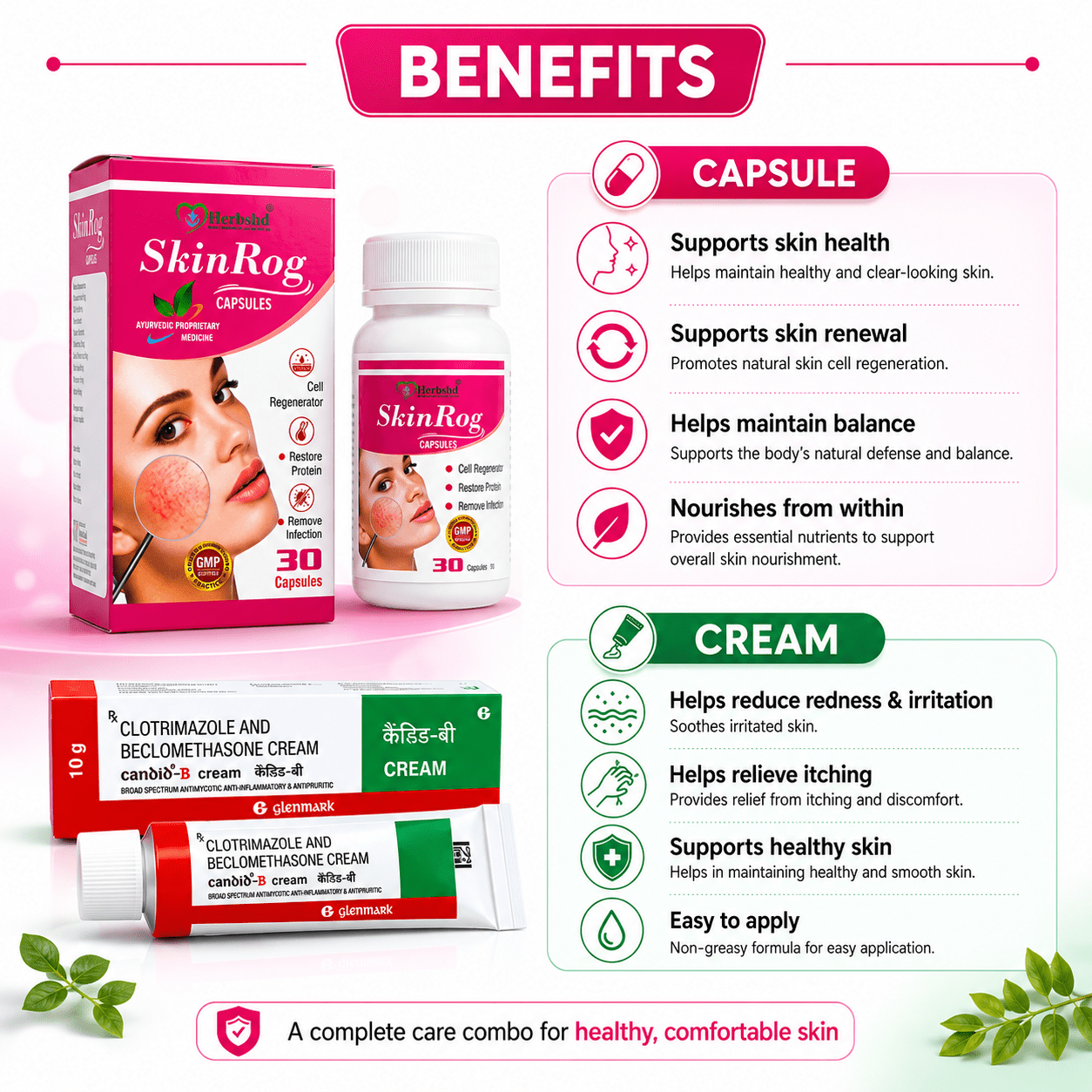 Candid B Cream + Ayurvedic Skinrog Capsule | 10g + 30Cap | Combo Pack - HEALTH AIM PHARMACY