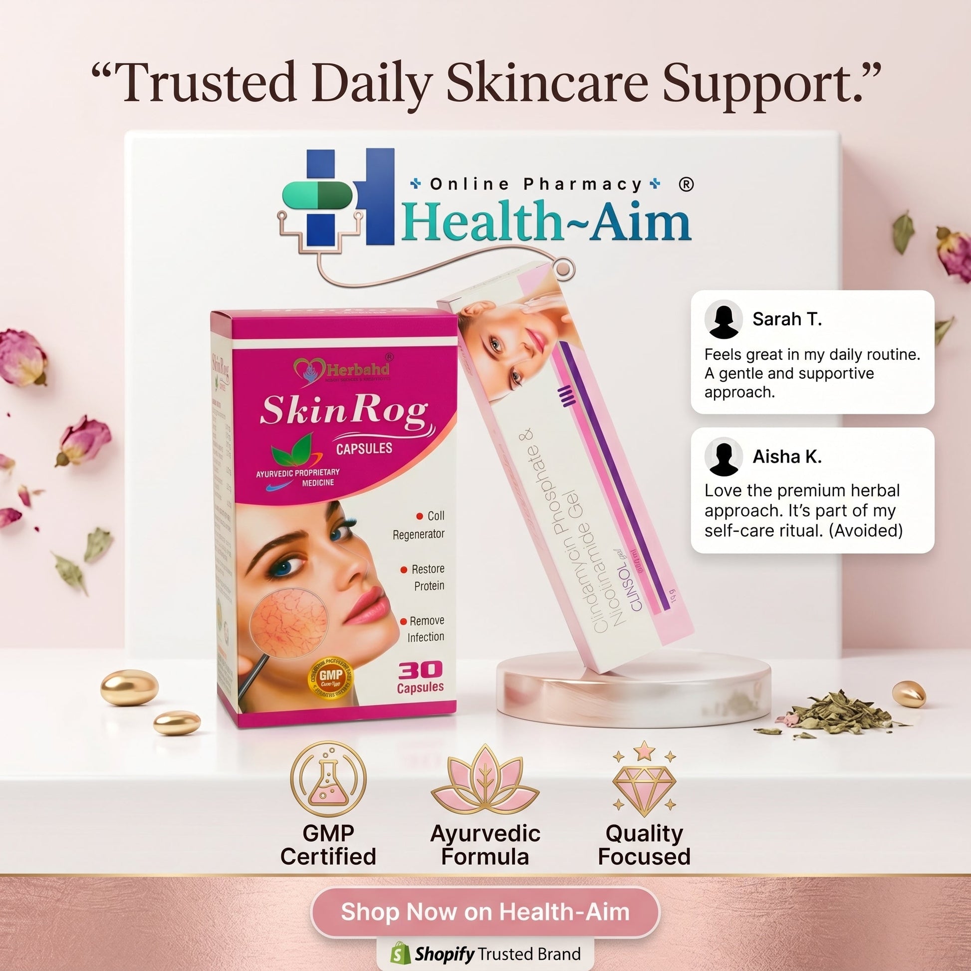 Clinsol Gel & Ayurvedic SkinRog Capsule Combo for Skin Problem | 30Caps + 15gm | Combo Pack - HEALTH AIM PHARMACY