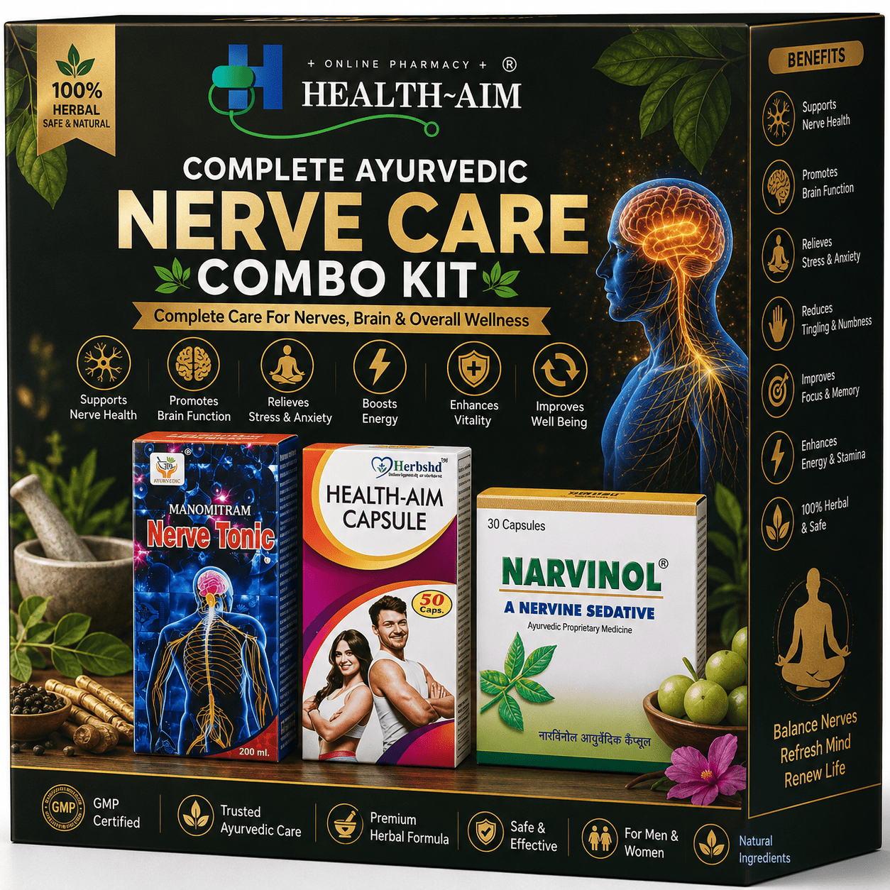 Complete Ayurvedic Nerve Care Combo Kit: Herbshd Ayurvedic Health Aim Capsule & Nerve Tonic & Narvinol Capsule | 200ml + 50Caps + 30Caps - HEALTH AIM PHARMACY