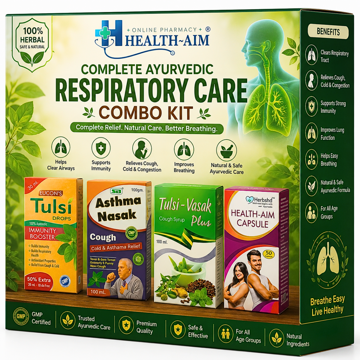 Complete Ayurvedic Respiratory Care Combo Kit: Tulsi - Vasak Plus Syrup,Health - Aim Capsule,Tulsi Drops & Asthama Nasak Powder Combo | 100gm + 100ml + 30ml + 50Caps - HEALTH AIM PHARMACY