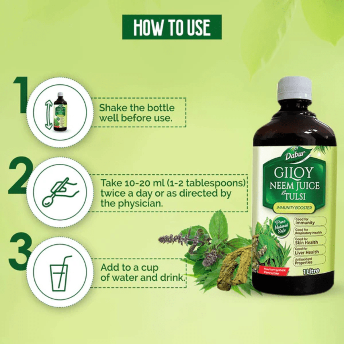 Dabur Giloy Neem Tulsi Juice for Immunity, Respiratory, Skin & Liver Health - 1L - HEALTH AIM PHARMACY