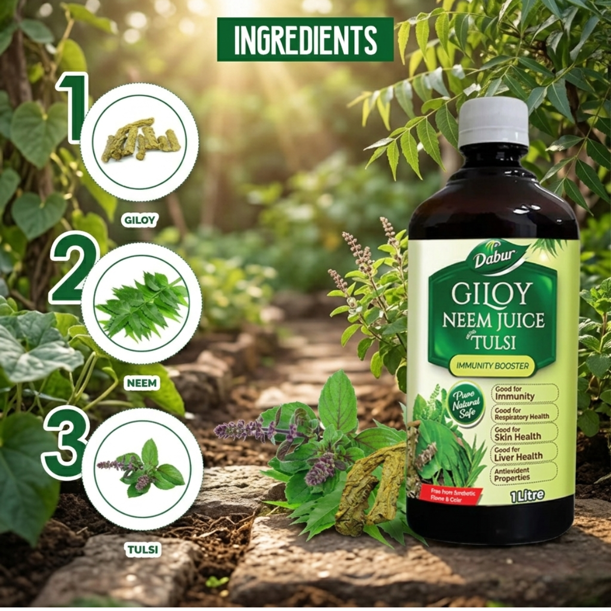 Dabur Giloy Neem Tulsi Juice for Immunity, Respiratory, Skin & Liver Health - 1L - HEALTH AIM PHARMACY