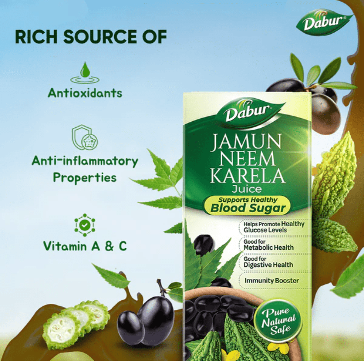Dabur Jamun Neem Karela Juice | Control Blood Sugar Levels and Bad Cholesterol | Metabolic & Digestive | 1L - HEALTH AIM PHARMACY
