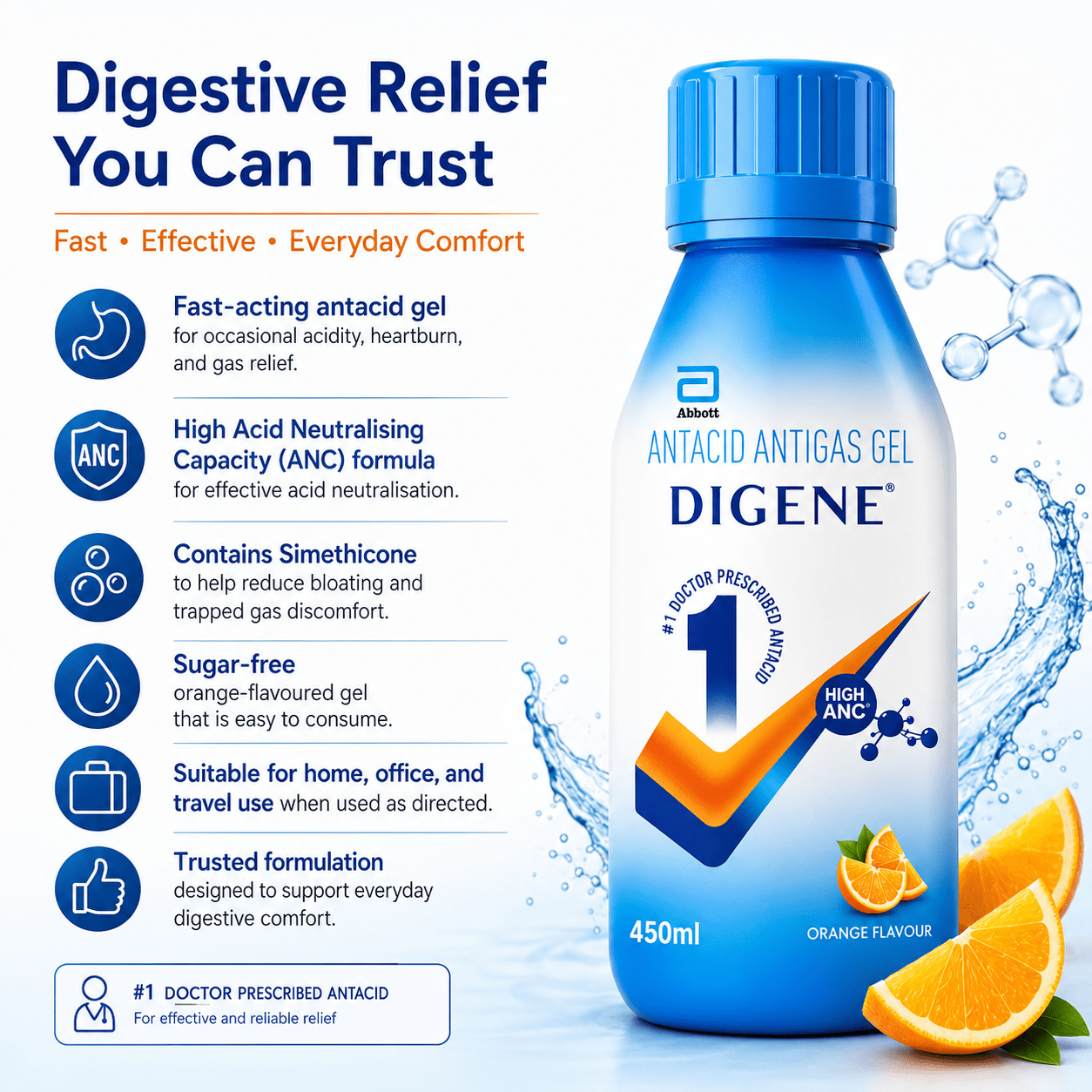 Digene Antacid Antigas Gel | For Acidity, Gas, Heartburn & Stomach Care | Flavour Orange | 450ml - HEALTH AIM PHARMACY