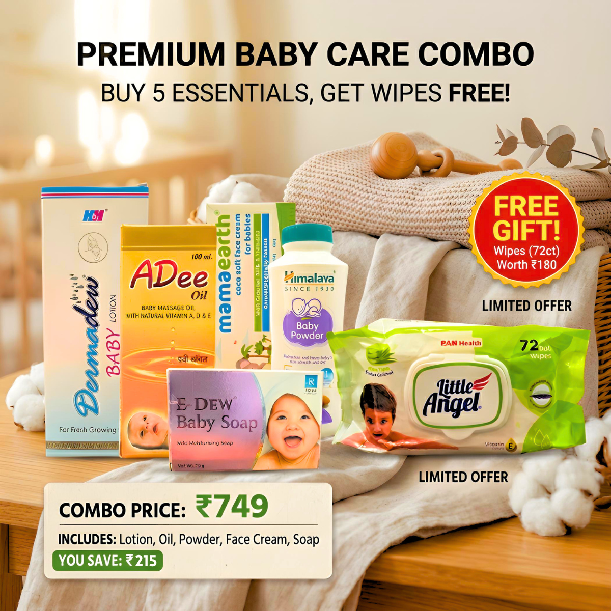 Full Baby Care Combo Pack | Ayurvedic ADee Massage Oil + Dermadew Lotion + Mamaearth Face Cream + Himalaya Baby Powder + E - Dew Baby Soap +(Free Baby Wipes) | Combo Pack - HEALTH AIM PHARMACY