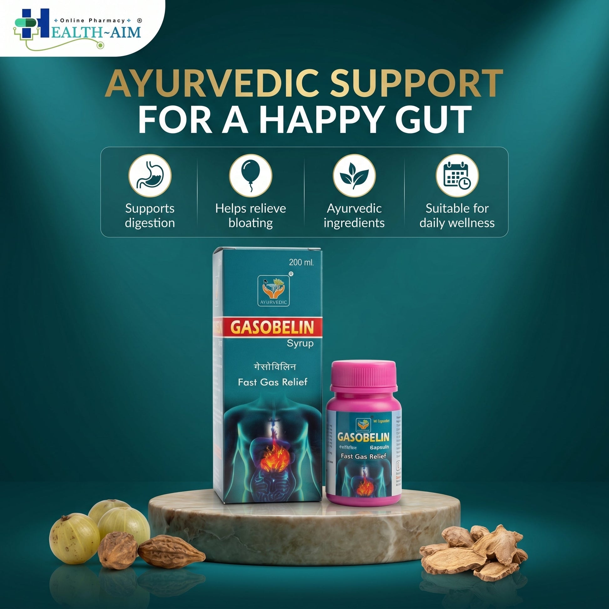 GASOBELIN SYRUP & CAPSULE | 200ML + 50Cap | Pack of 2 - HEALTH AIM PHARMACY