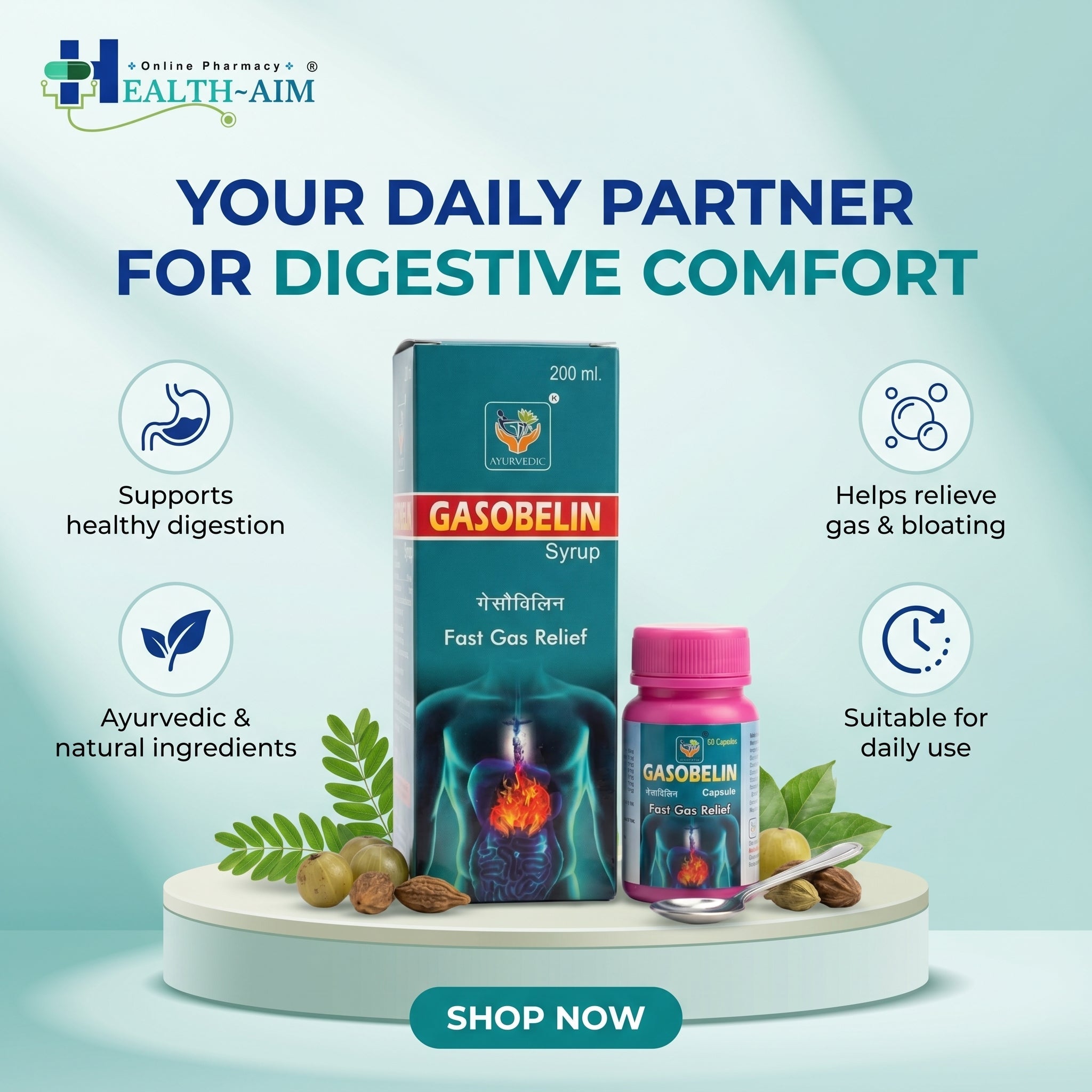 GASOBELIN SYRUP & CAPSULE | 200ML + 50Cap | Pack of 2 - HEALTH AIM PHARMACY