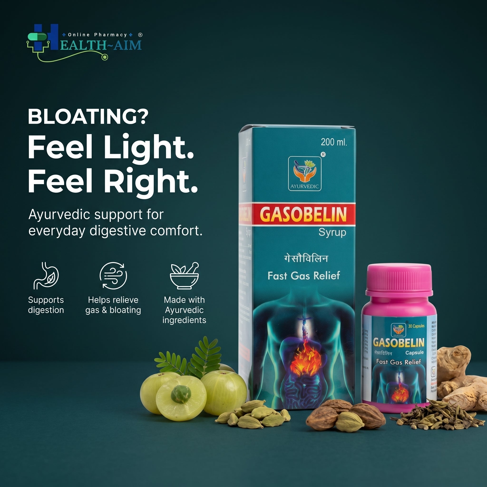 GASOBELIN SYRUP & CAPSULE | 200ML + 50Cap | Pack of 2 - HEALTH AIM PHARMACY