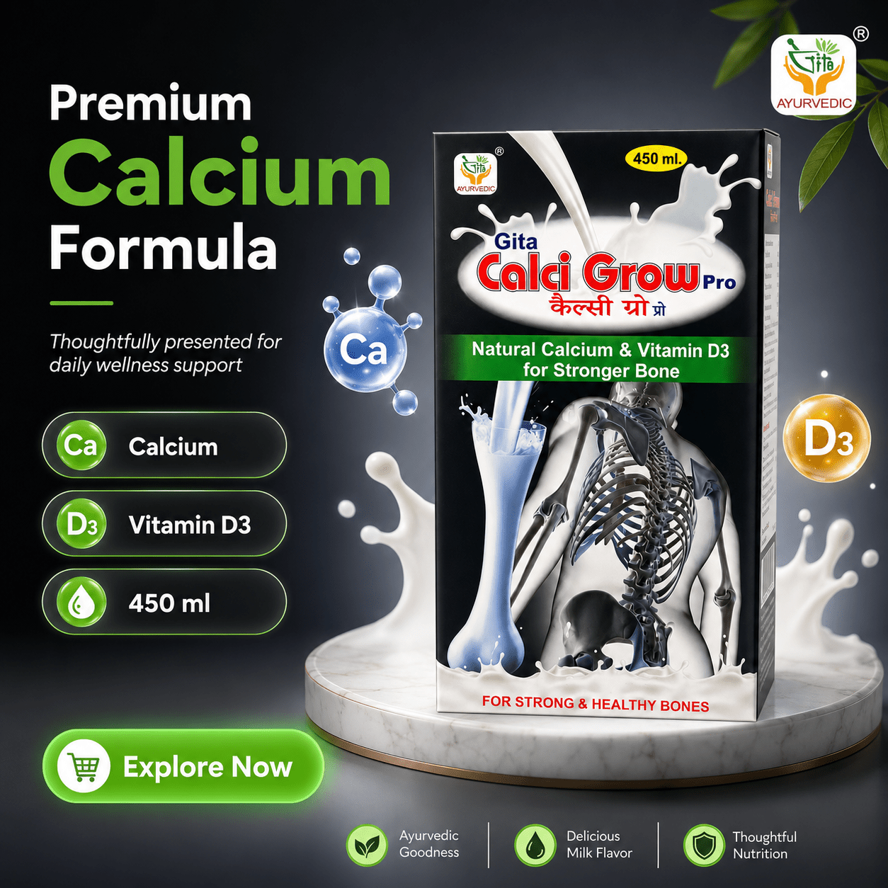 Gita Ayurvedic Calci Grow Pro Calcium Syrup for Bone Health & Daily Calcium Support | 450ml | Pack Of 2 - HEALTH AIM PHARMACY