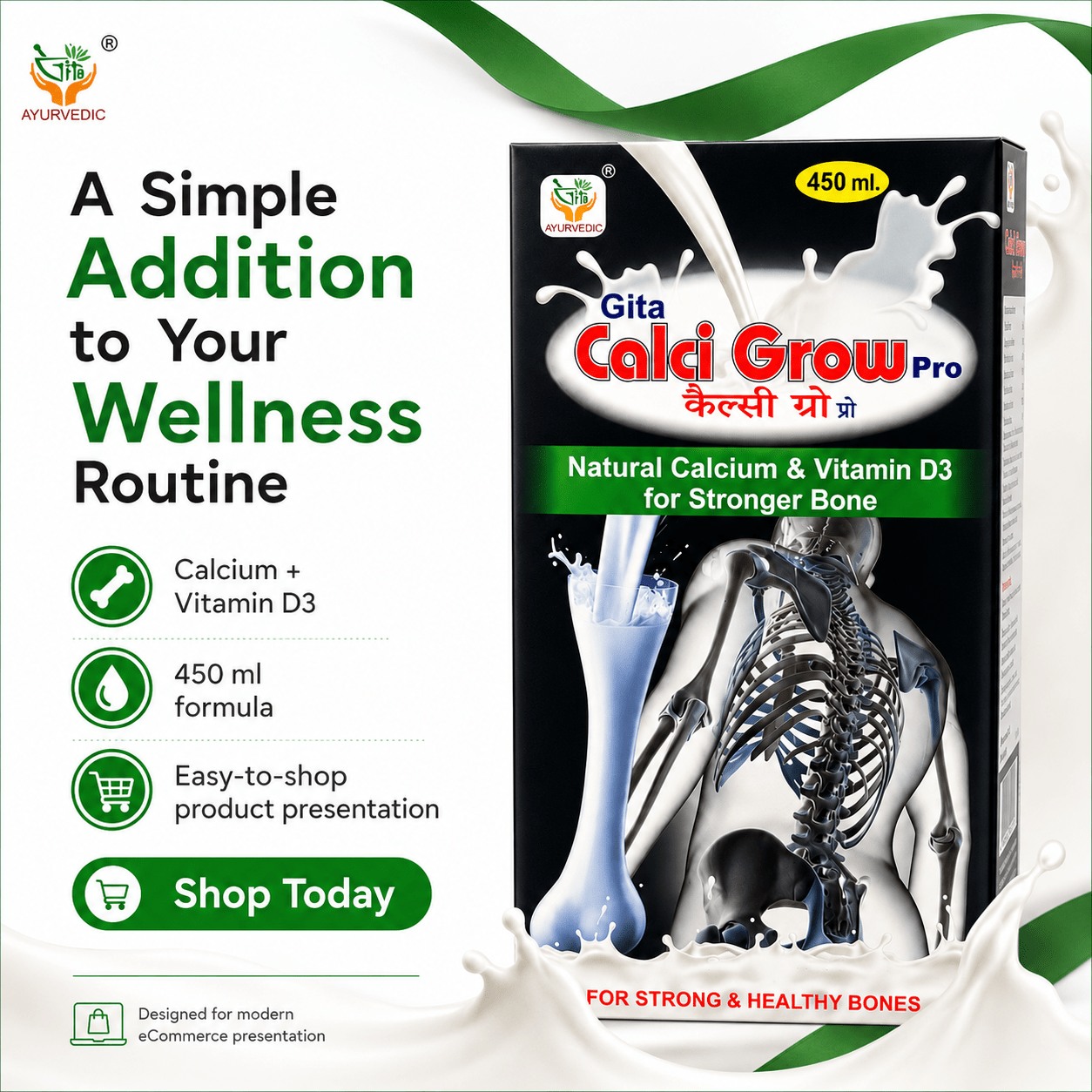 Gita Ayurvedic Calci Grow Pro Calcium Syrup for Bone Health & Daily Calcium Support | 450ml | Pack Of 2 - HEALTH AIM PHARMACY