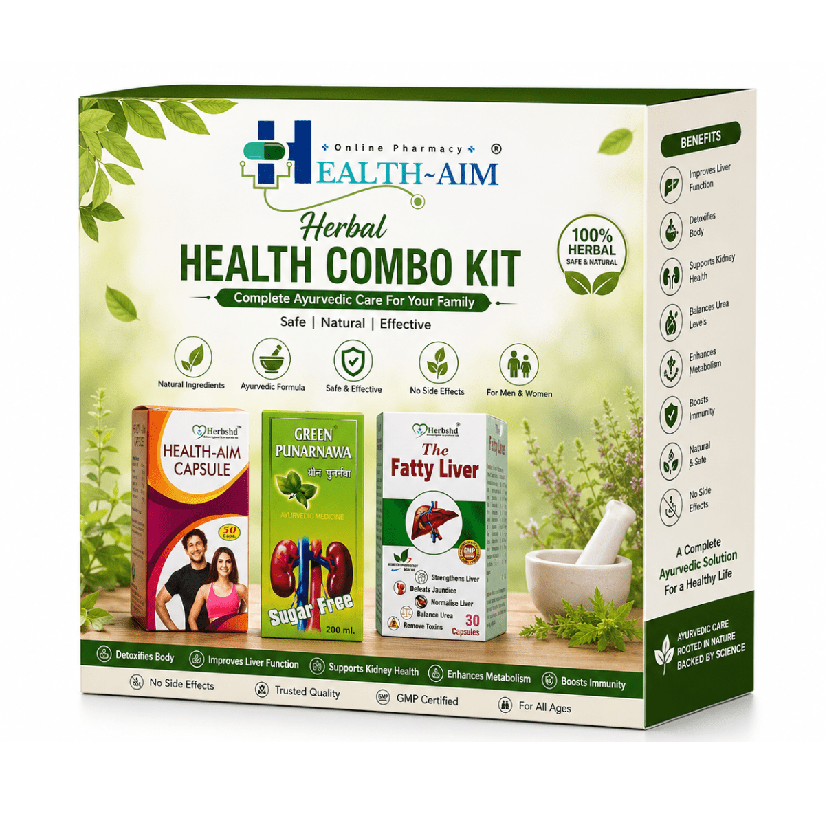 Health Combo Kit: Ayurvedic Green Punarnawa Syrup + Ayurvedic The Fatty Liver Capsule + Ayurvedic Health Aim Capsule | 200ml + 30Cap + 50Cap - HEALTH AIM PHARMACY