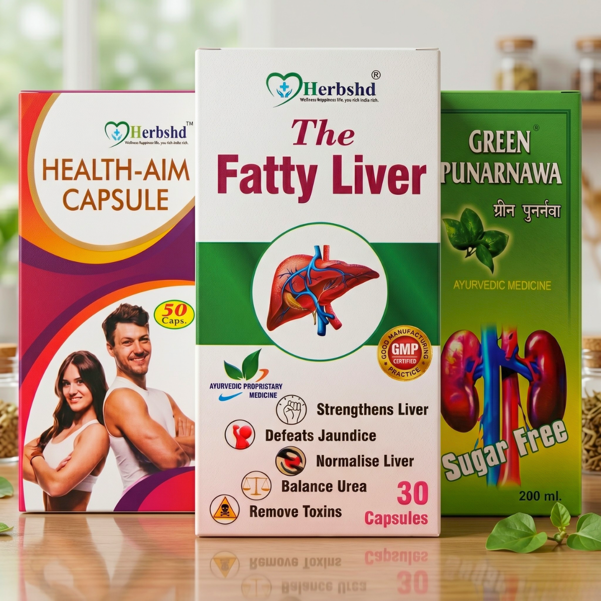 Health Combo Kit: Ayurvedic Green Punarnawa Syrup + Ayurvedic The Fatty Liver Capsule + Ayurvedic Health Aim Capsule | 200ml + 30Cap + 50Cap - HEALTH AIM PHARMACY