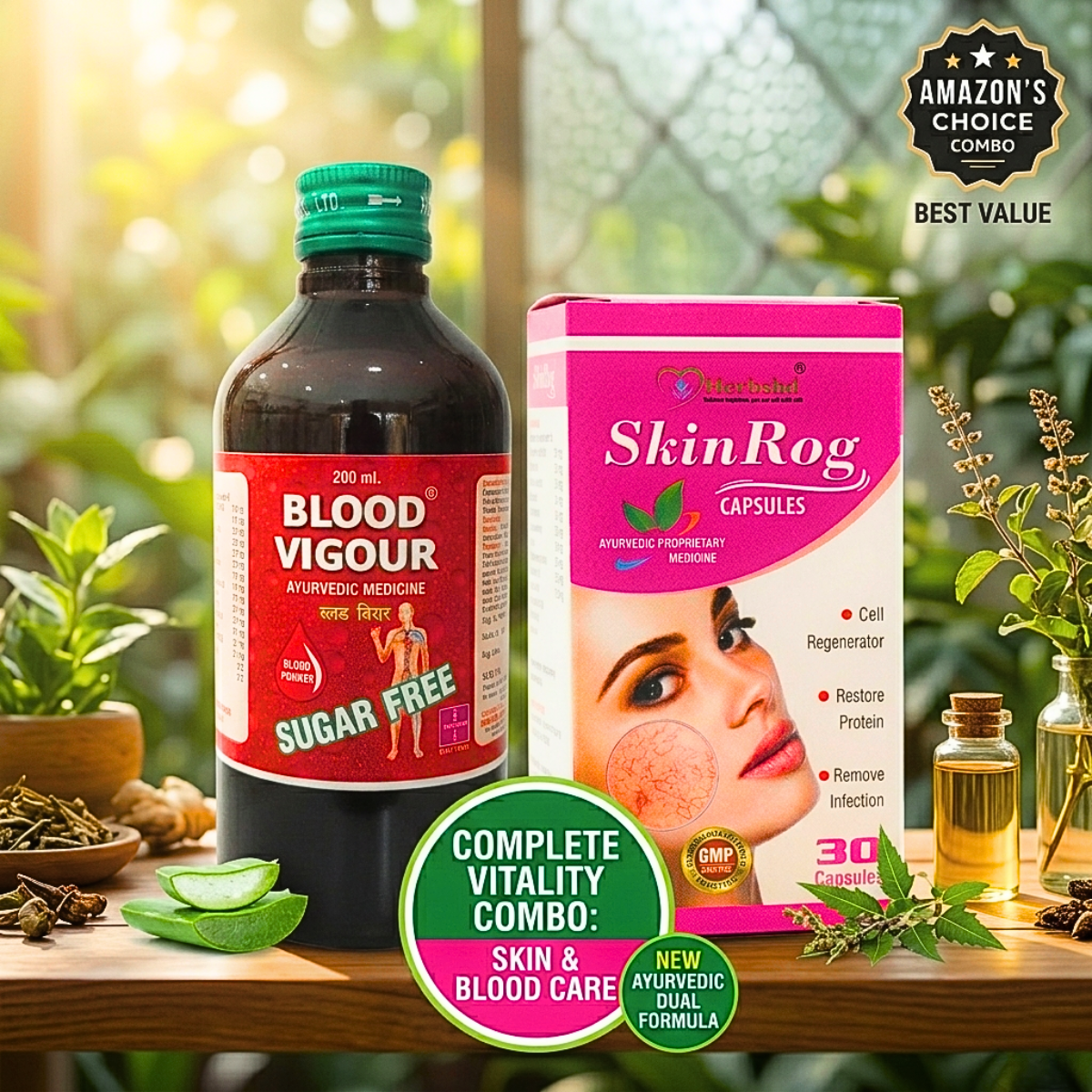 Herbal Blood Vigour Syrup + Ayurvedic SkinRog Capsule – Natural Blood Purifier for Clear Skin, Acne, Itching & Eczema | 200ml + 30Caps | Combo Pack - HEALTH AIM PHARMACY