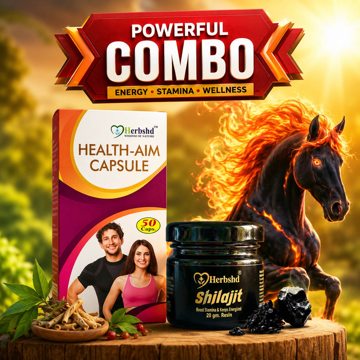 Herbshd Shilajit Resin & Health Aim Capsule Combo - Boost Immunity, Energy & Vitality Booster, 20g + 50Cap - HEALTH AIM PHARMACY
