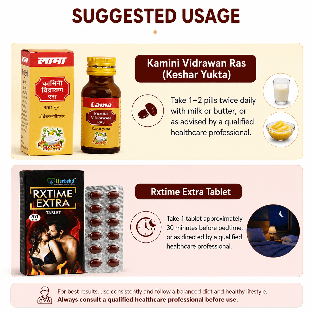 Lama Kamini Vidrawan Ras 5g + Rxtime Extra Tablets 30 Capsules Combo Pack - HEALTH AIM PHARMACY