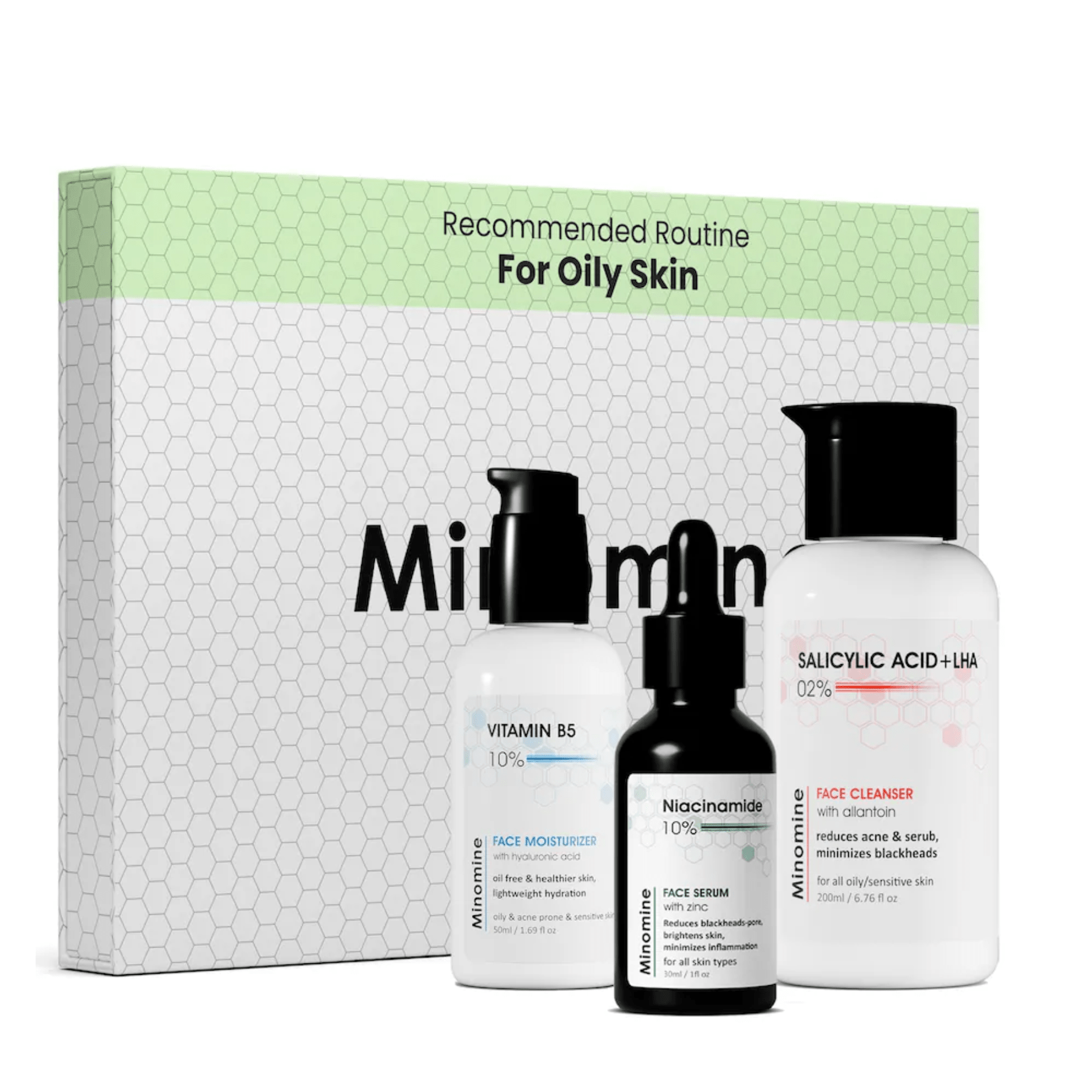 Minomine Oily Skin Kit – Salicylic Acid Cleanser, Niacinamide Serum & Vitamin B5 Moisturizer | Combo Pack of 3 | Health Aim