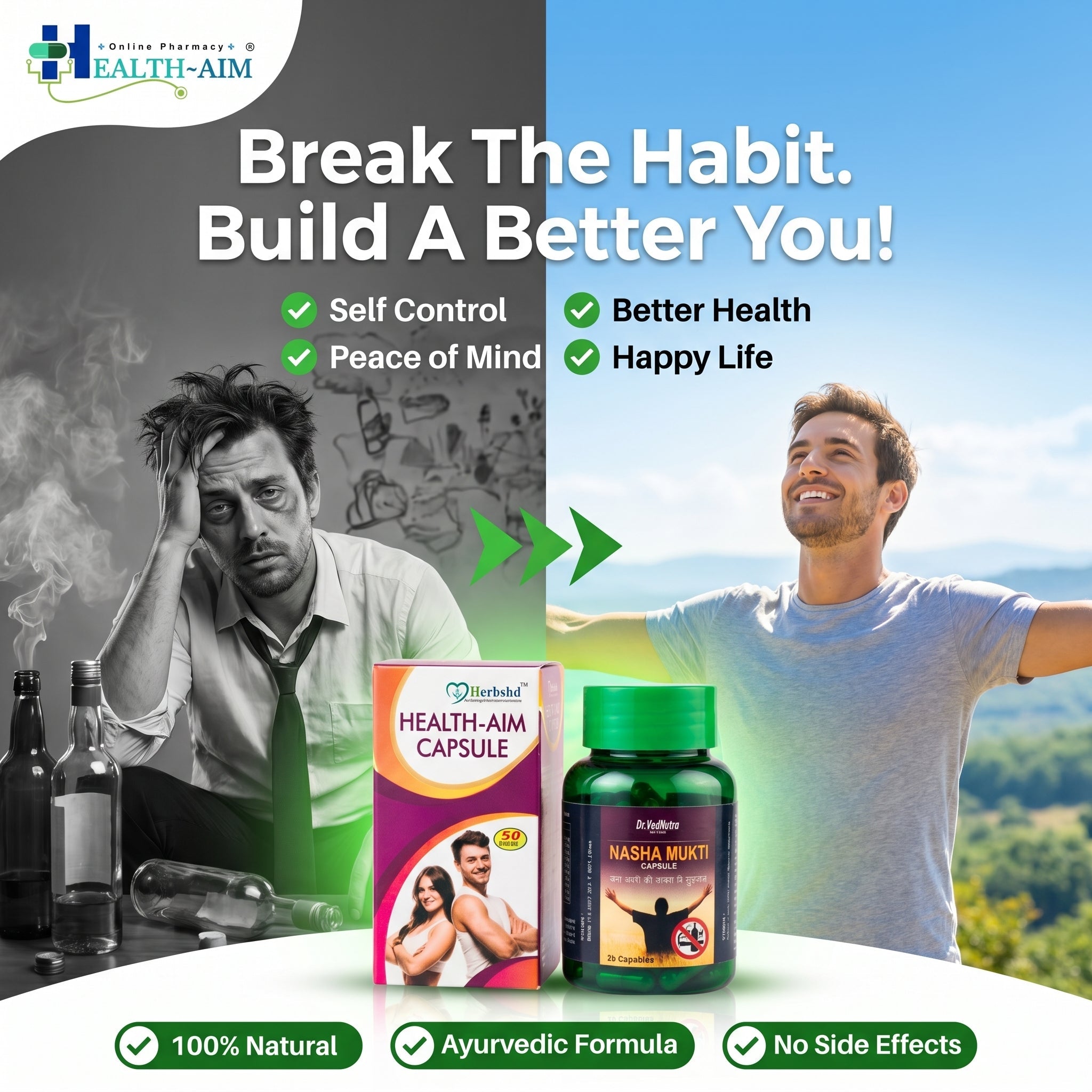Nasha Mukti & Health Aim Ayurvedic Capsule Combo Pack | Herbal Wellness Support for Energy, Relaxation, Digestion & Vitality | Ayurvedic Herbal Supplement for Men & Women | 30Caps + 50Caps - HEALTH AIM PHARMACY