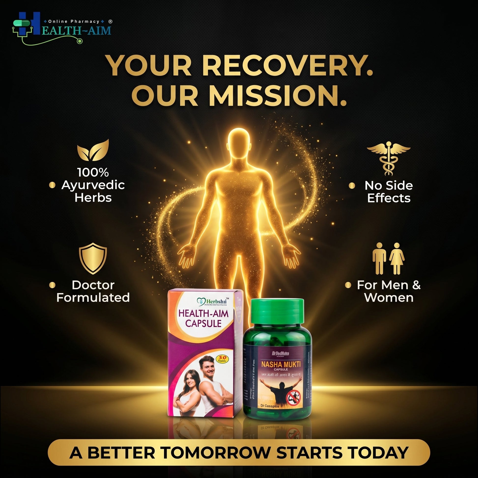 Nasha Mukti & Health Aim Ayurvedic Capsule Combo Pack | Herbal Wellness Support for Energy, Relaxation, Digestion & Vitality | Ayurvedic Herbal Supplement for Men & Women | 30Caps + 50Caps - HEALTH AIM PHARMACY