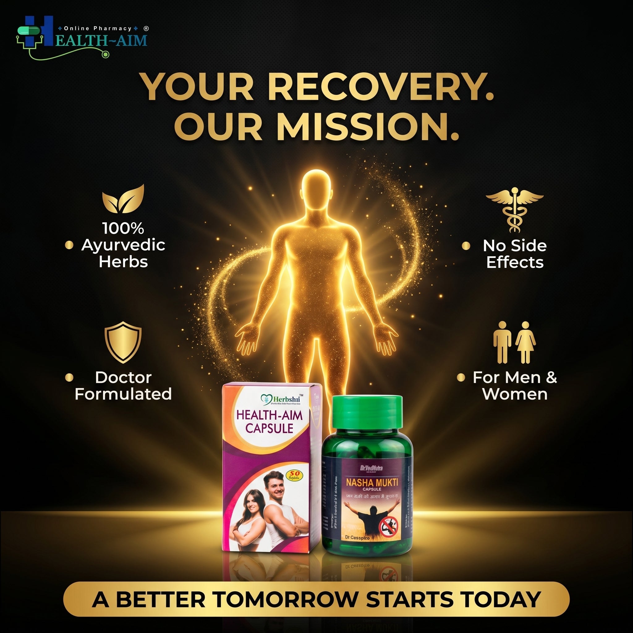 Nasha Mukti & Health Aim Ayurvedic Capsule Combo Pack | Herbal Wellness Support for Energy, Relaxation, Digestion & Vitality | Ayurvedic Herbal Supplement for Men & Women | 30Caps + 50Caps - HEALTH AIM PHARMACY