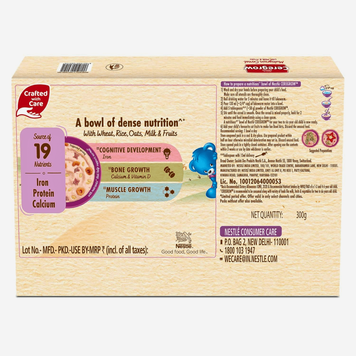 NESTLE CEREGROW MULTIGRAIN CERECAL WITH MILK & FRUITS FROM 2 - 6 YEARS BOWL WORTH FREE 300G - HEALTH AIM PHARMACY