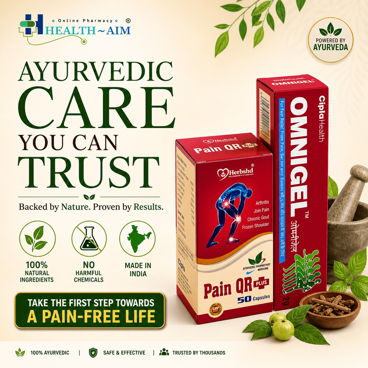OmniGel & Ayurvedic PainQr plus Capsule | 20G + 50Caps | Combo Pack of 2 - HEALTH AIM PHARMACY