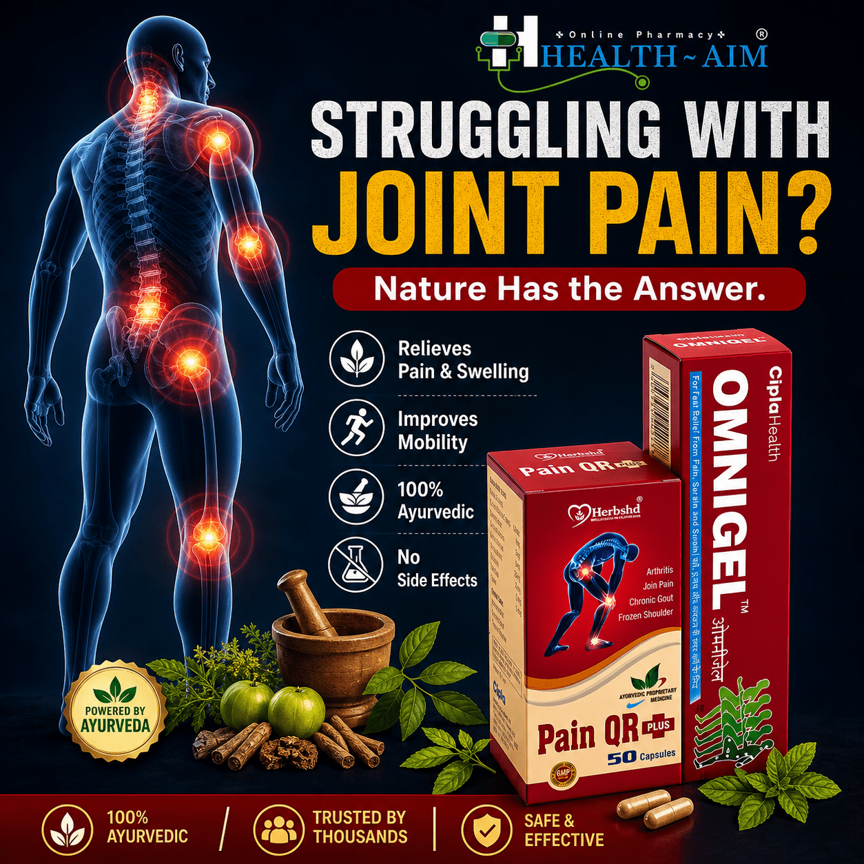 OmniGel & Ayurvedic PainQr plus Capsule | 20G + 50Caps | Combo Pack of 2 - HEALTH AIM PHARMACY