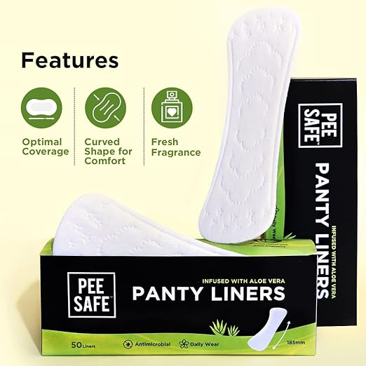 PEESAFE Aloe Vera Panty Liners (Pack of 50 Liners) | Curvy Design For Extra Comfort | Cottony - Soft Surface With 185mm Wide Optimal Coverage - HEALTH AIM PHARMACY