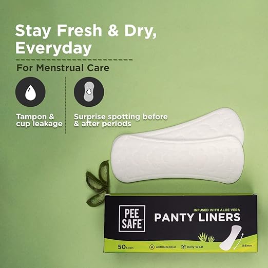 PEESAFE Aloe Vera Panty Liners (Pack of 50 Liners) | Curvy Design For Extra Comfort | Cottony - Soft Surface With 185mm Wide Optimal Coverage - HEALTH AIM PHARMACY