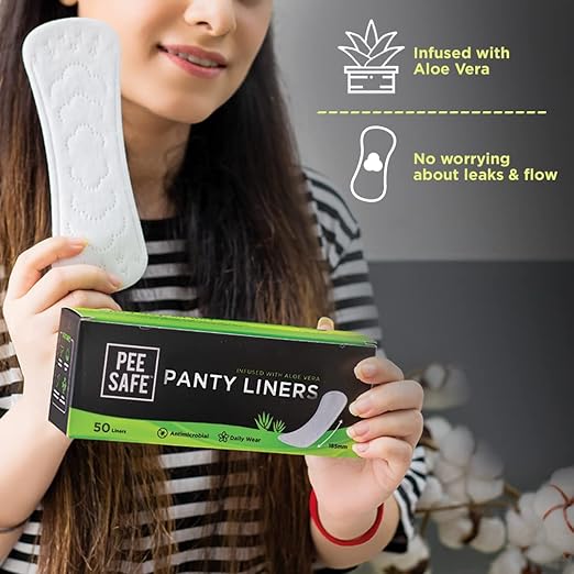 PEESAFE Aloe Vera Panty Liners (Pack of 50 Liners) | Curvy Design For Extra Comfort | Cottony - Soft Surface With 185mm Wide Optimal Coverage - HEALTH AIM PHARMACY