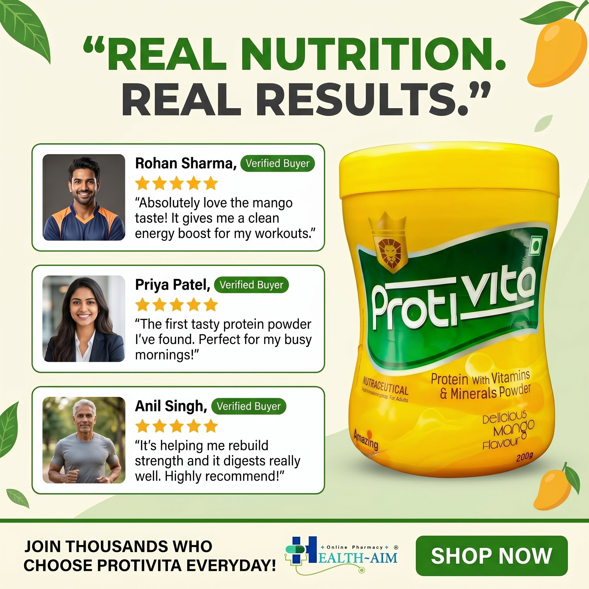 Protivita Protein Powder with Multivitamin & Minerals | Delicious Mango Flavour | 200gm - HEALTH AIM PHARMACY