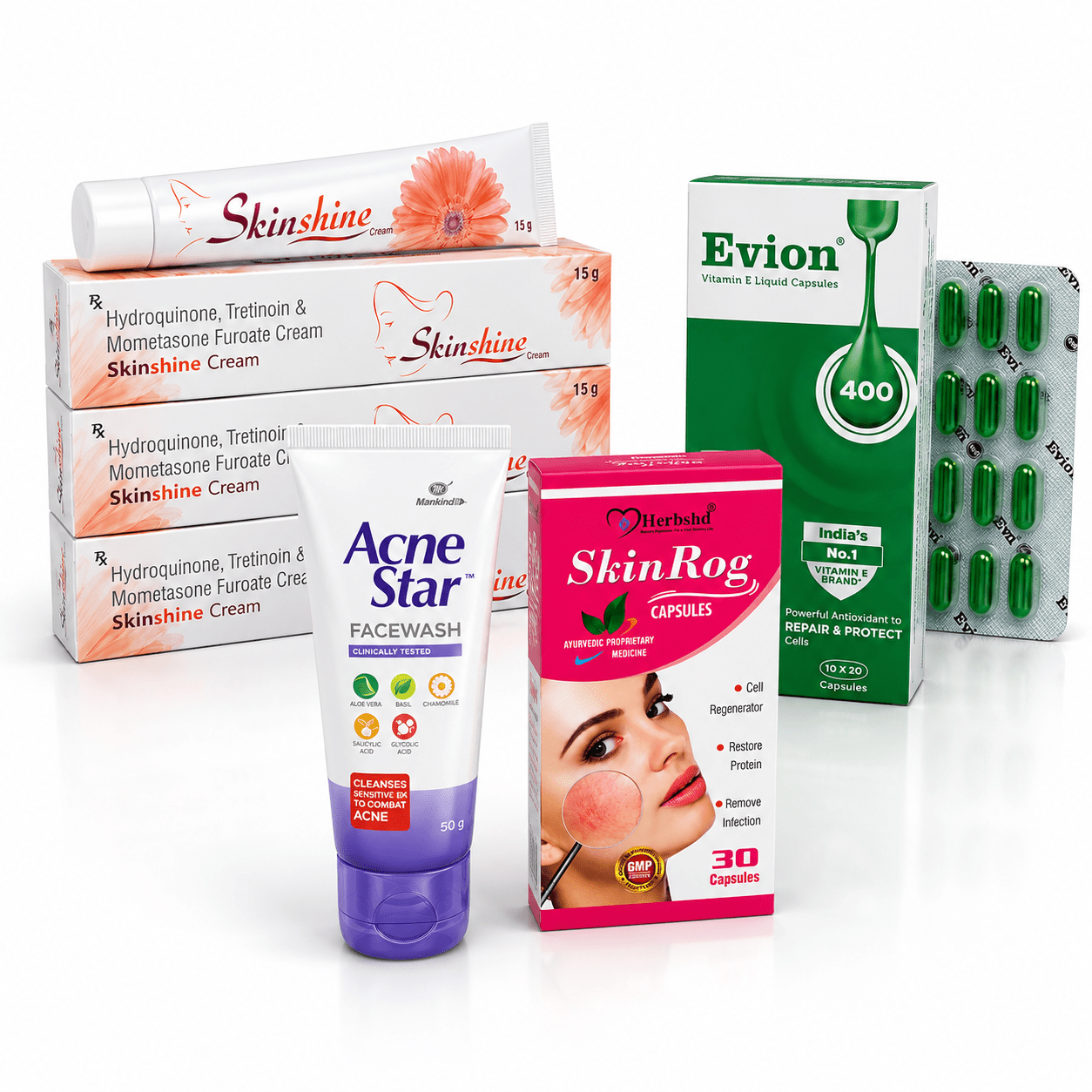 SKINSHINE CREAM + SKINROG CAPSULE + EVION 400 + ACNE STAR FACEWASH | COMBO PACK FOR SKIN - HEALTH AIM PHARMACY
