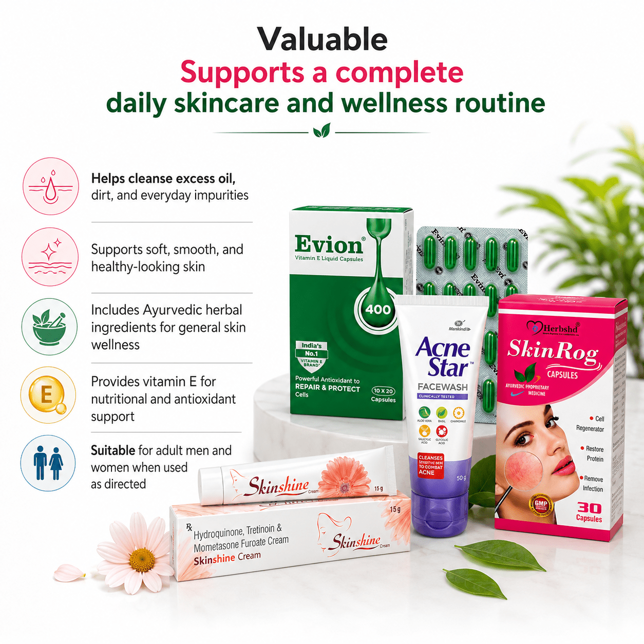 SKINSHINE CREAM + SKINROG CAPSULE + EVION 400 + ACNE STAR FACEWASH | COMBO PACK FOR SKIN - HEALTH AIM PHARMACY