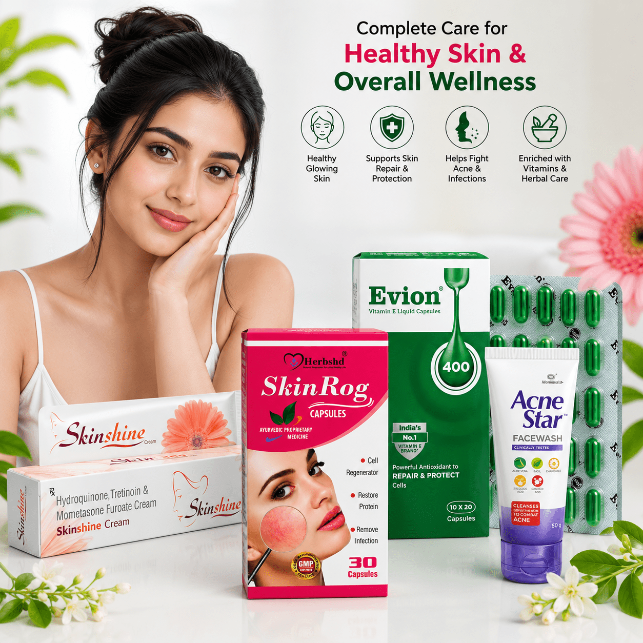 SKINSHINE CREAM + SKINROG CAPSULE + EVION 400 + ACNE STAR FACEWASH | COMBO PACK FOR SKIN - HEALTH AIM PHARMACY