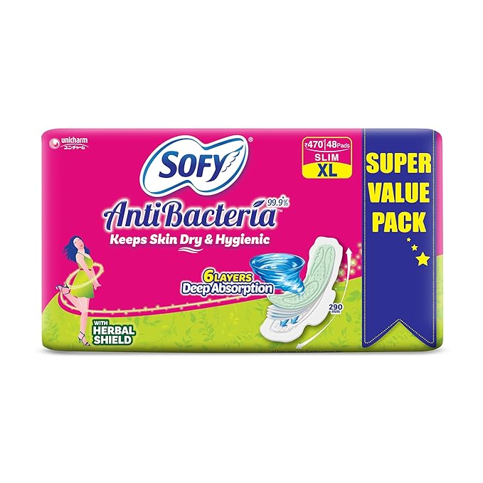 Sofy Anti - Bacteria Sanitary Pads (XL Size - 290 mm) 48 Pads - 6 layer deep absorption & Herbal Shield for Bacterial Protection, Soft on skin with comfy dry top sheet (Pack of 1) - HEALTH AIM PHARMACY