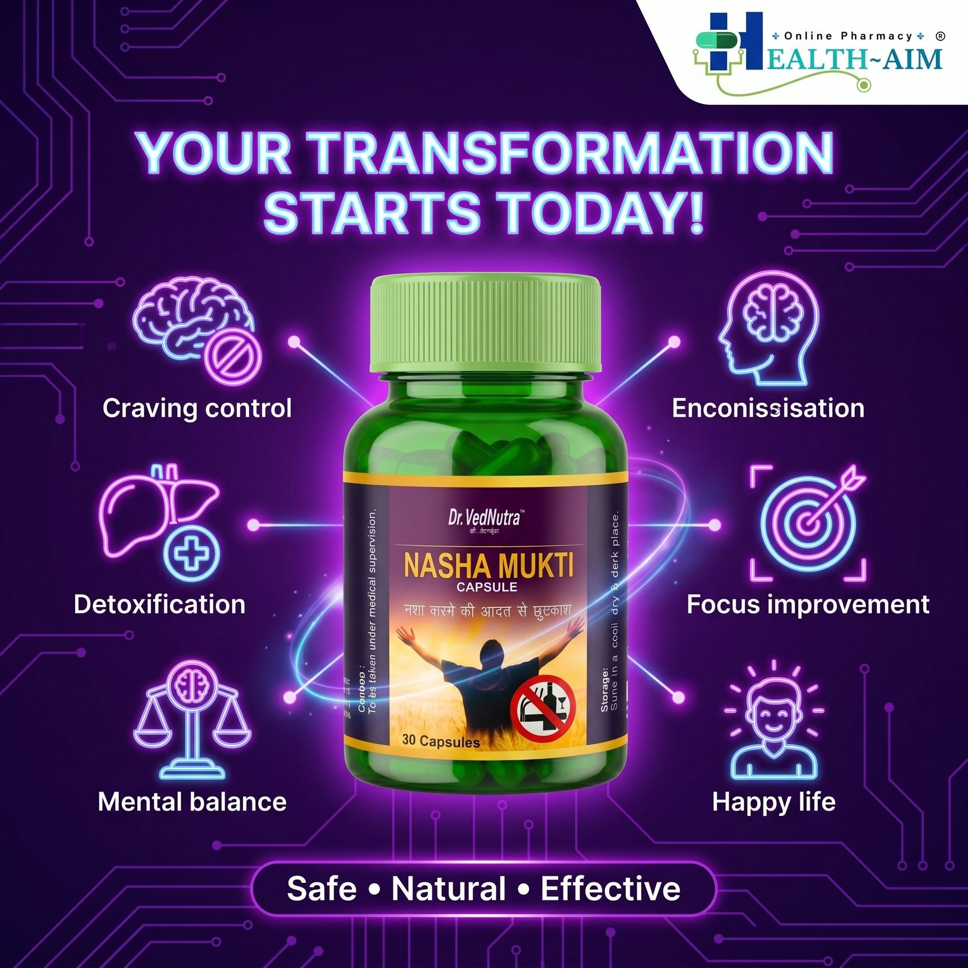 VedNutra Nasha Mukti Ayurvedic Capsules | Herbal Wellness Support for Healthy Lifestyle & Mental Balance | 30Caps - HEALTH AIM PHARMACY