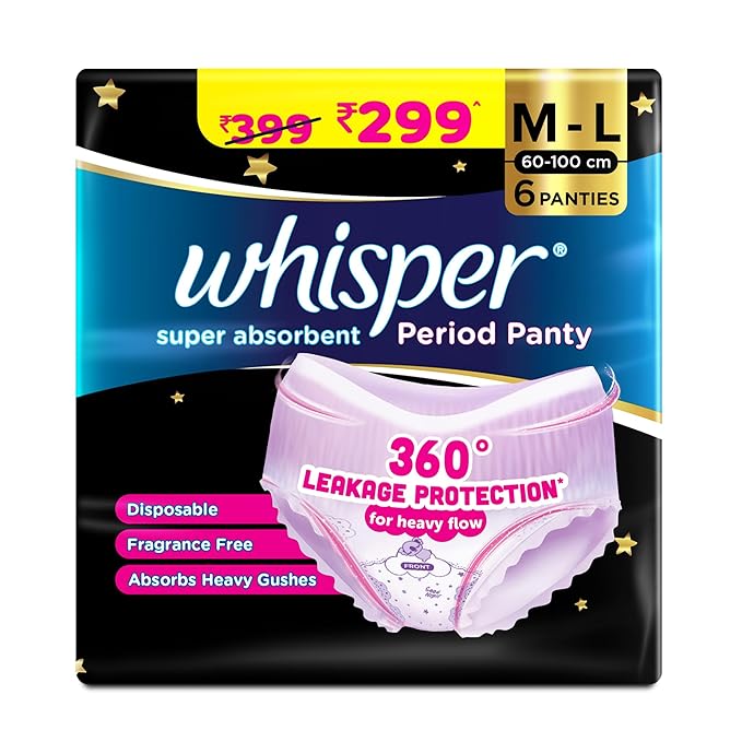 Whisper Super Absorbent Period Panty, 6 M - L Pants, 360 Degree Leakage Protection for Heavy Flow, Panty like Fit for Full back Coverage, Absorbs Heavy Gushes, Silky Soft, Comfortable Feel, Women - HEALTH AIM PHARMACY