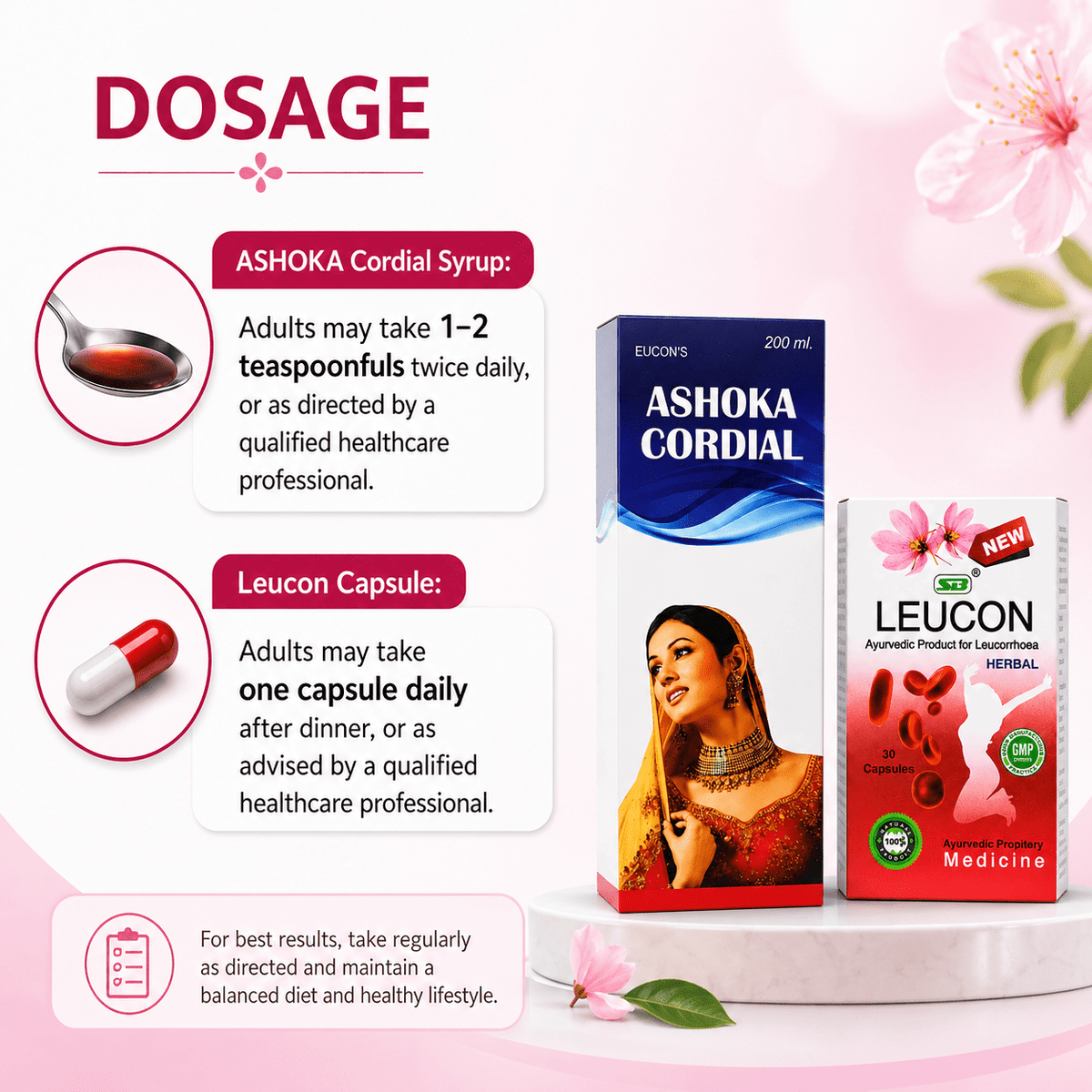 Women's Health Care Combo Pack: Ayurvedic ASHOKA Cordial Syrup & Leucon Capsule - 200ml + 30Caps - HEALTH AIM PHARMACY