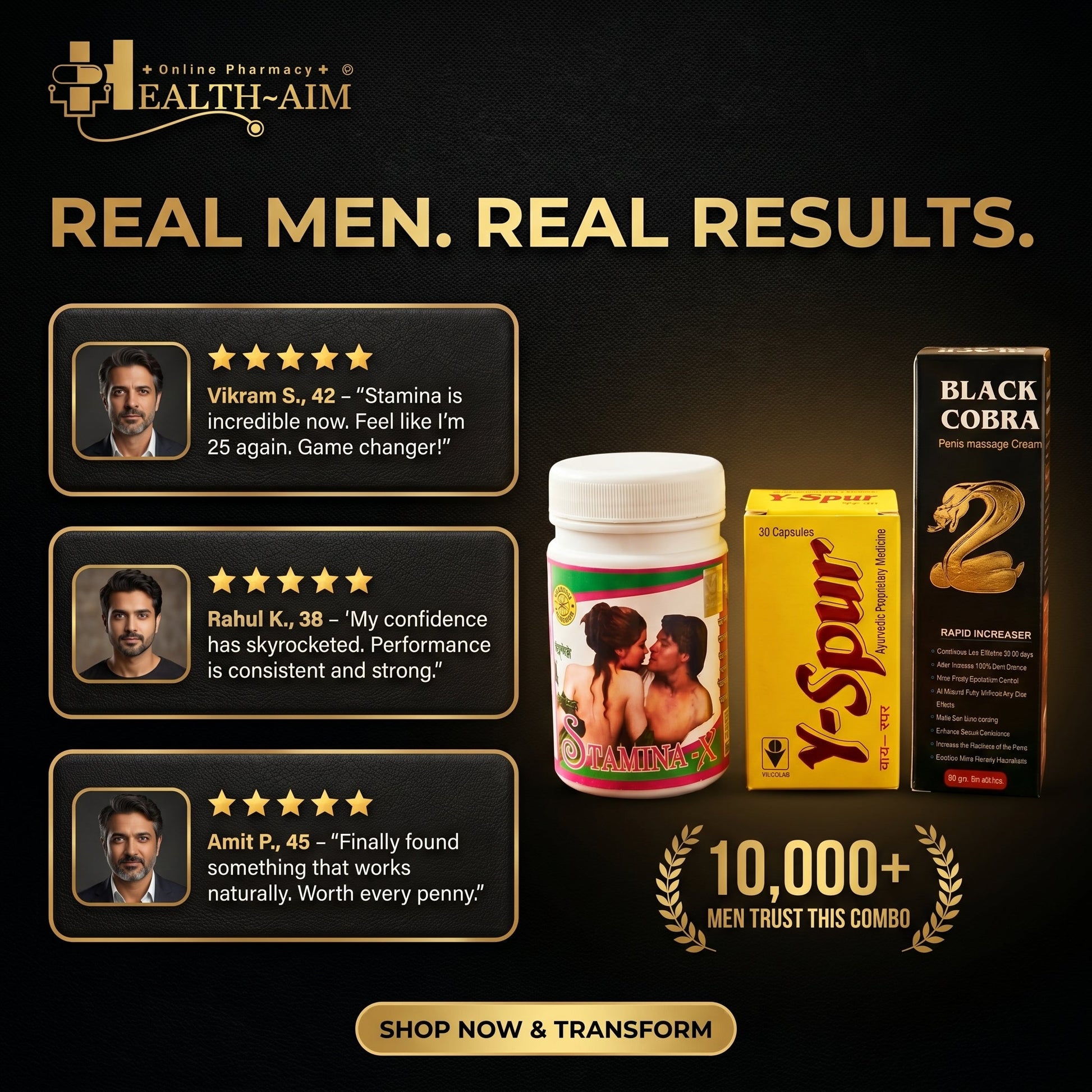 Y - spur Capsule and Stamina - X Powder & Black Cobra Massage Cream Combo | 30Caps + 100gm + 60gm | Combo Pack - HEALTH AIM PHARMACY