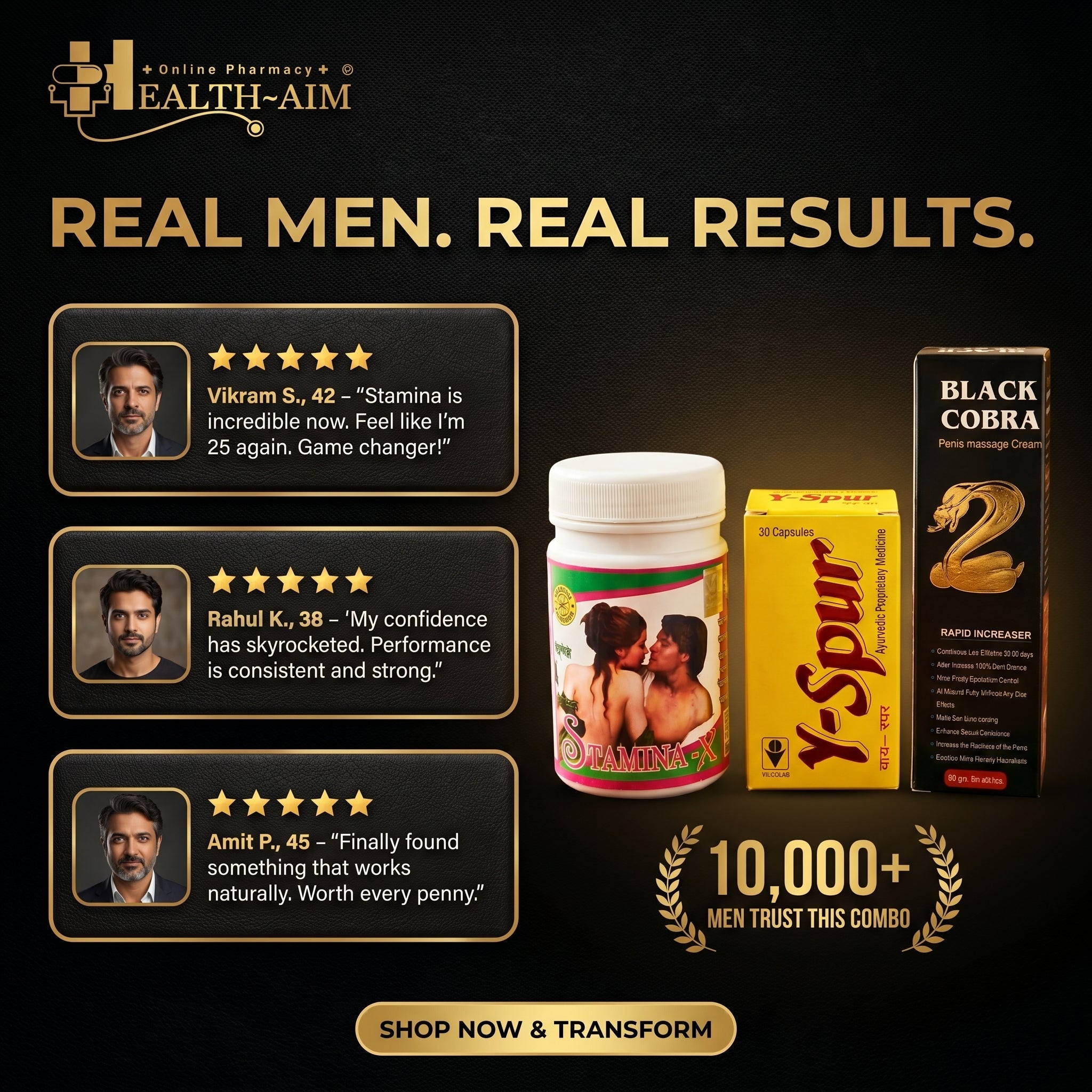 Y - spur Capsule and Stamina - X Powder & Black Cobra Massage Cream Combo | 30Caps + 100gm + 60gm | Combo Pack - HEALTH AIM PHARMACY
