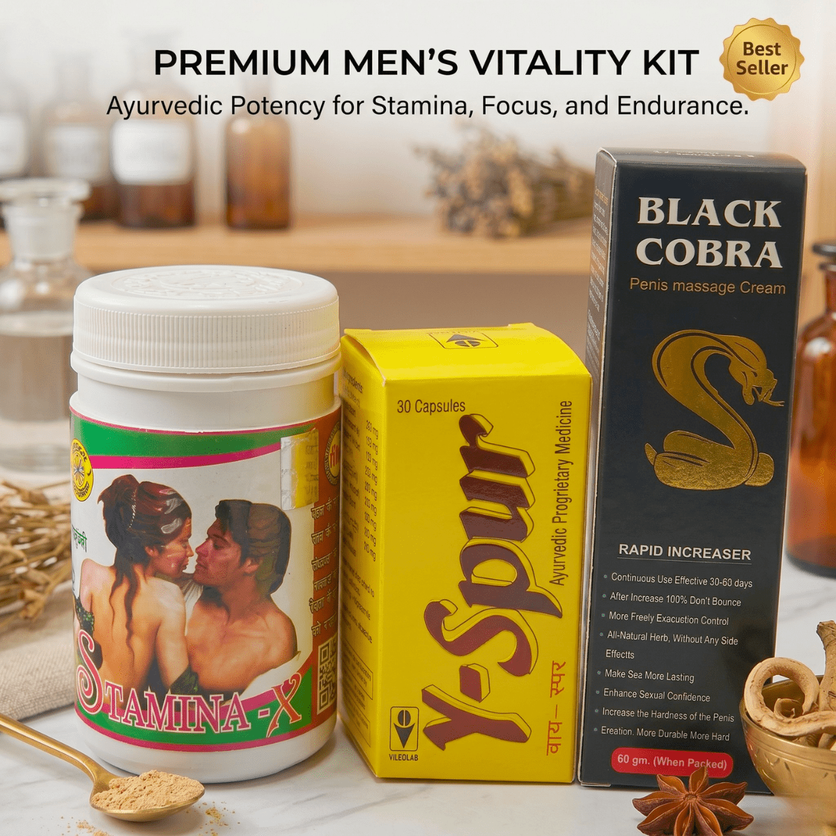 Y - spur Capsule and Stamina - X Powder & Black Cobra Massage Cream Combo | 30Caps + 100gm + 60gm | Combo Pack - HEALTH AIM PHARMACY