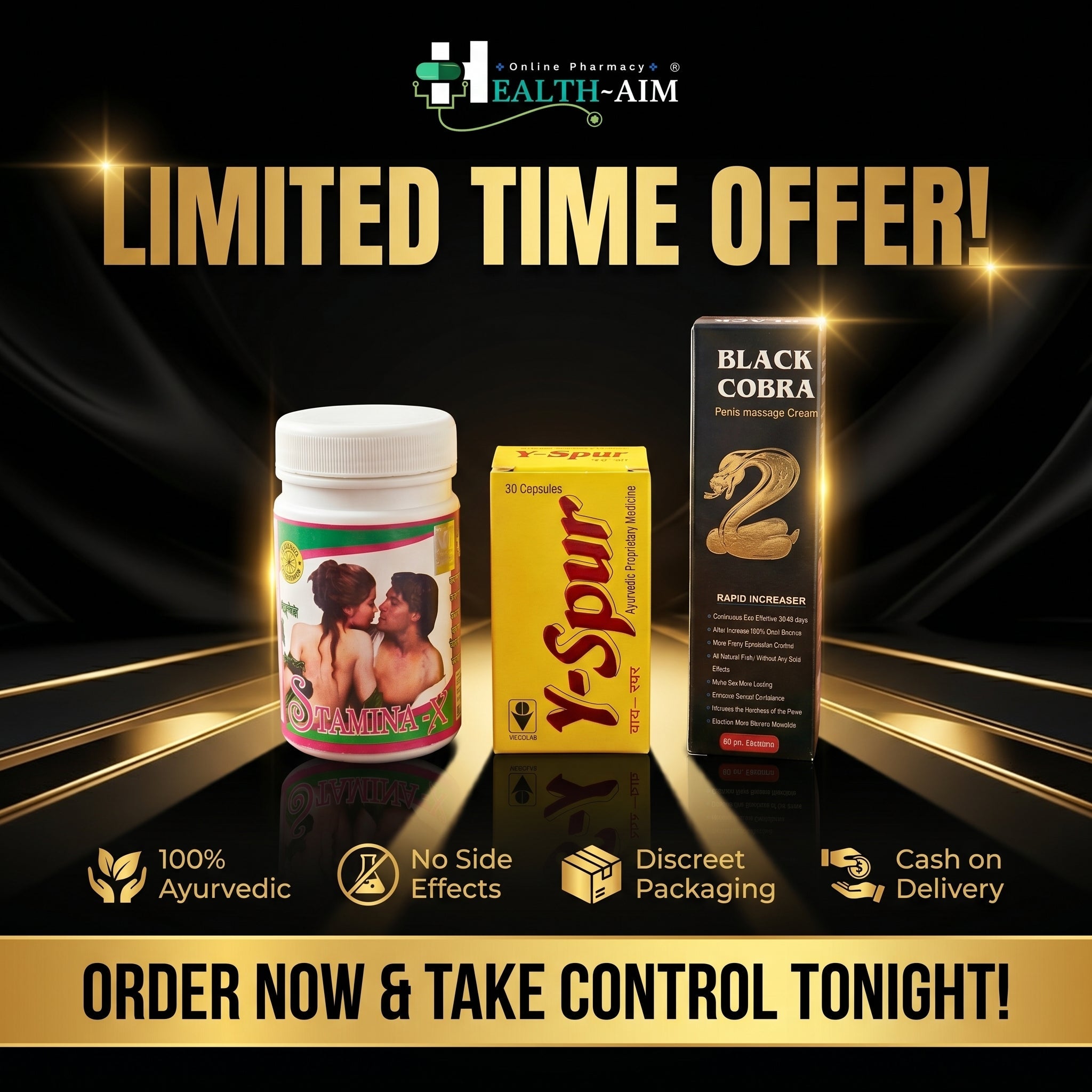 Y - spur Capsule and Stamina - X Powder & Black Cobra Massage Cream Combo | 30Caps + 100gm + 60gm | Combo Pack - HEALTH AIM PHARMACY