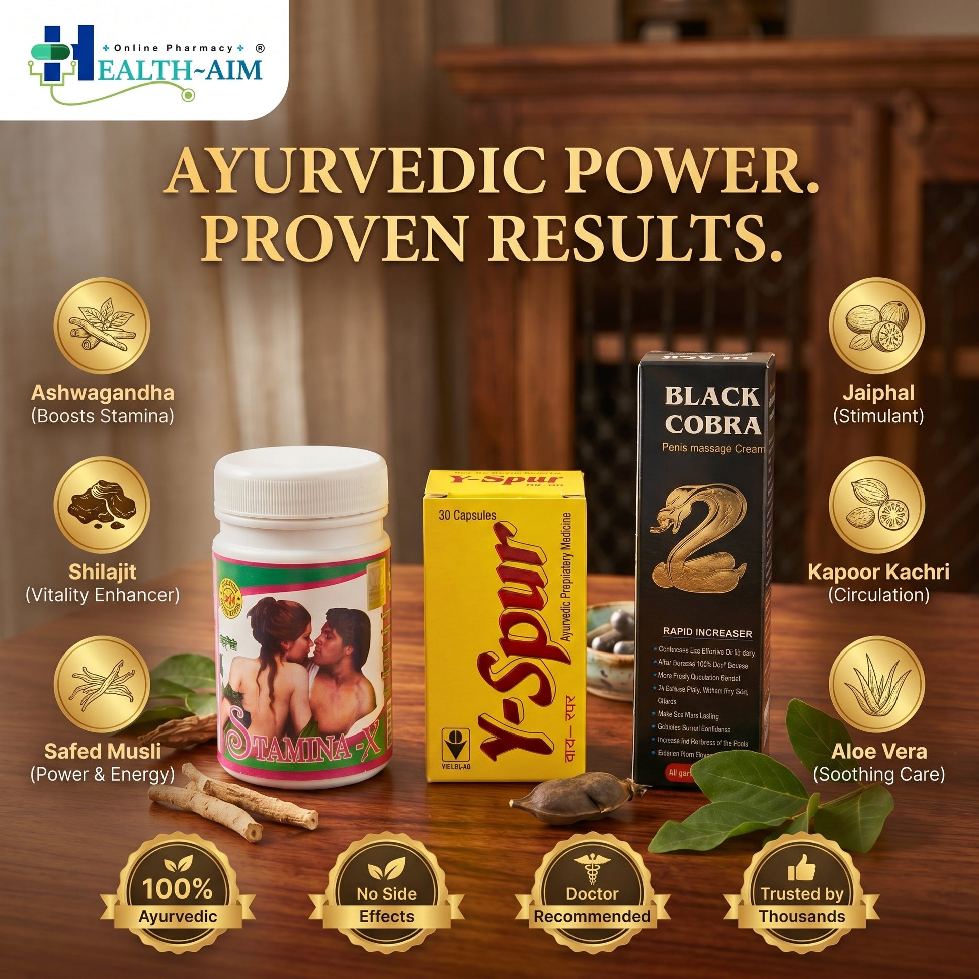 Y - spur Capsule and Stamina - X Powder & Black Cobra Massage Cream Combo | 30Caps + 100gm + 60gm | Combo Pack - HEALTH AIM PHARMACY