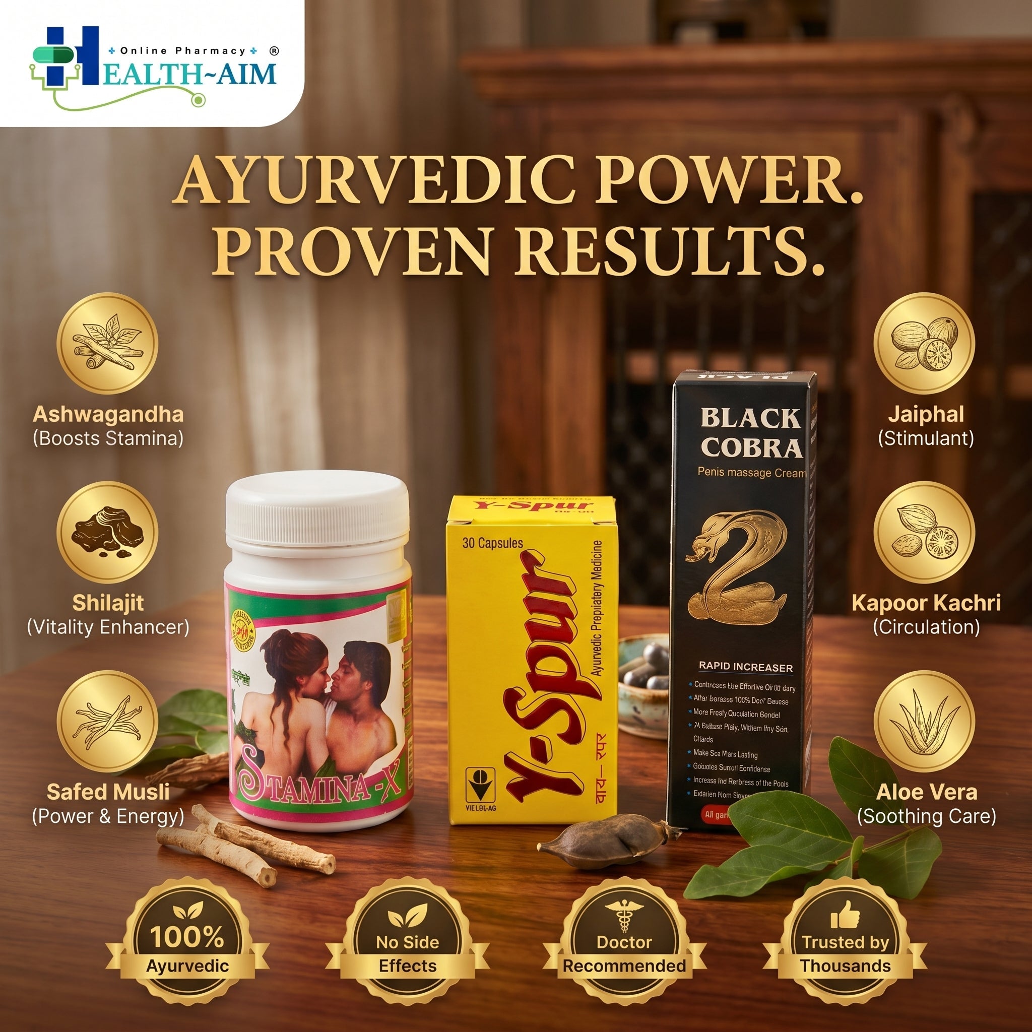 Y - spur Capsule and Stamina - X Powder & Black Cobra Massage Cream Combo | 30Caps + 100gm + 60gm | Combo Pack - HEALTH AIM PHARMACY