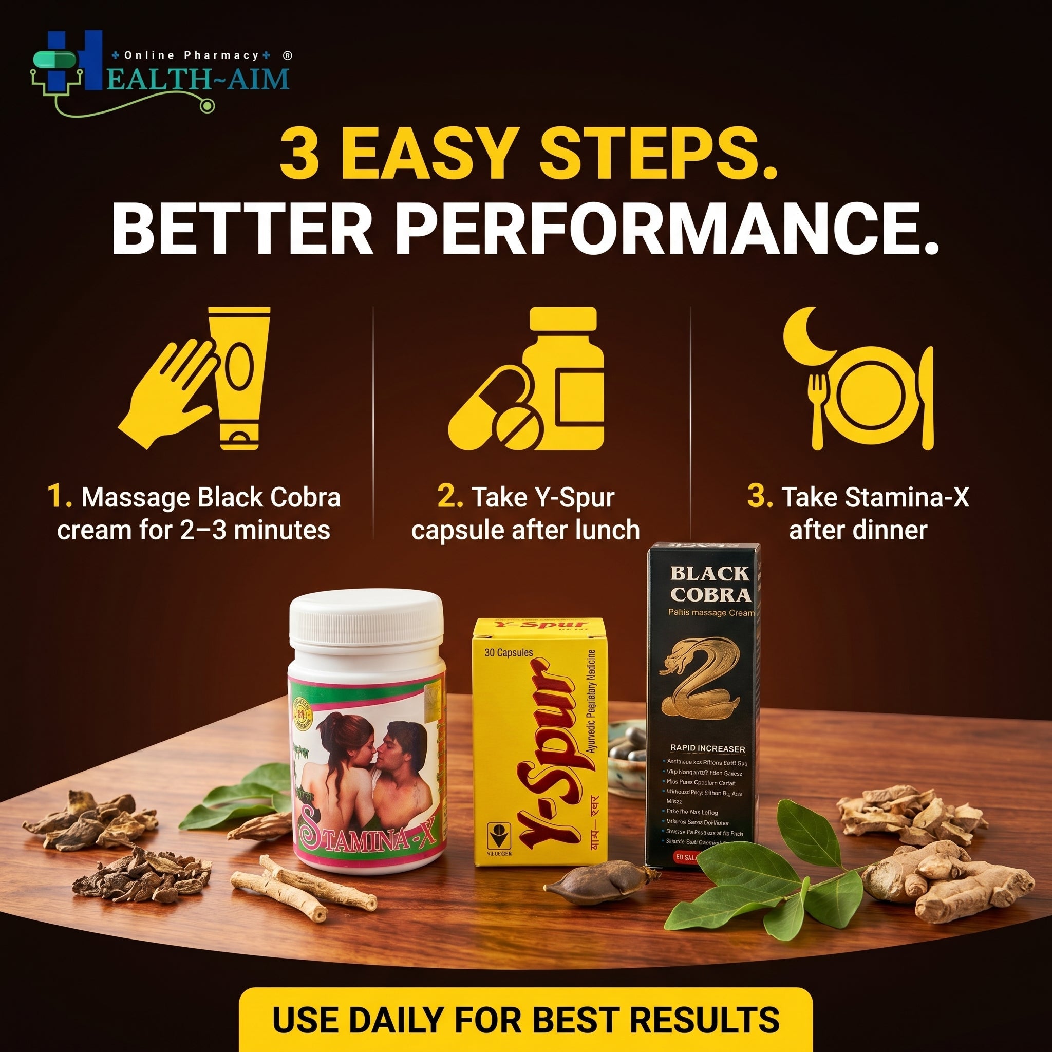 Y - spur Capsule and Stamina - X Powder & Black Cobra Massage Cream Combo | 30Caps + 100gm + 60gm | Combo Pack - HEALTH AIM PHARMACY